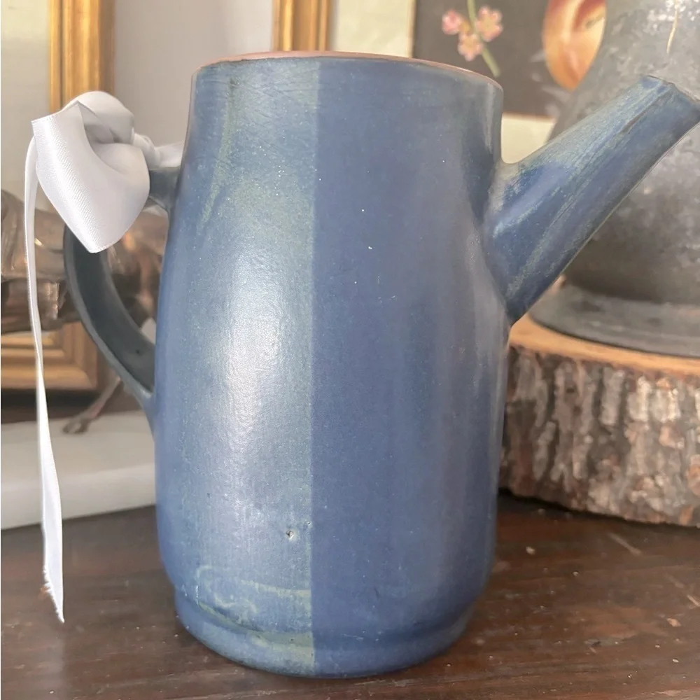 Vintage MCM Redware Pottery Pitcher.  9”T Navy | Unique | Oriental | Mid Century